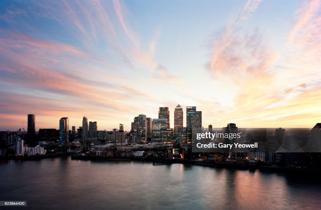 Aerial view over Canary Wharf skyline in London