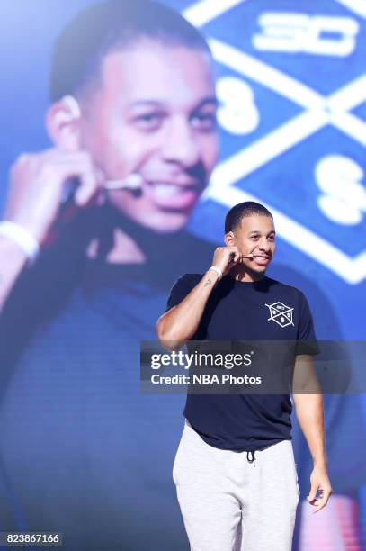 Stephen Curry of the Golden State Warriors and Seth Curry of the Dallas Mavericks host a Jr. NBA Clinic to celebrate 30 Elites Day at the Beijing...