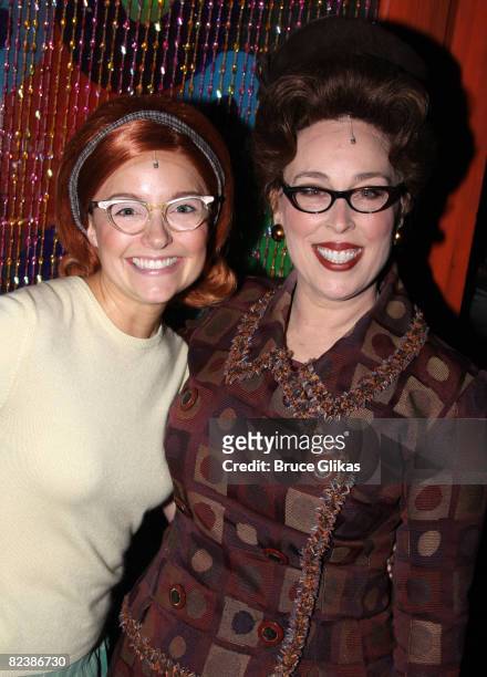Actresses Niki Scalera as 'Penny Pingleton' and Susan Mosher as 'Prudy Pingleton' celebrate backstage the 6th anniversary of "Hairspray" on Broadway...