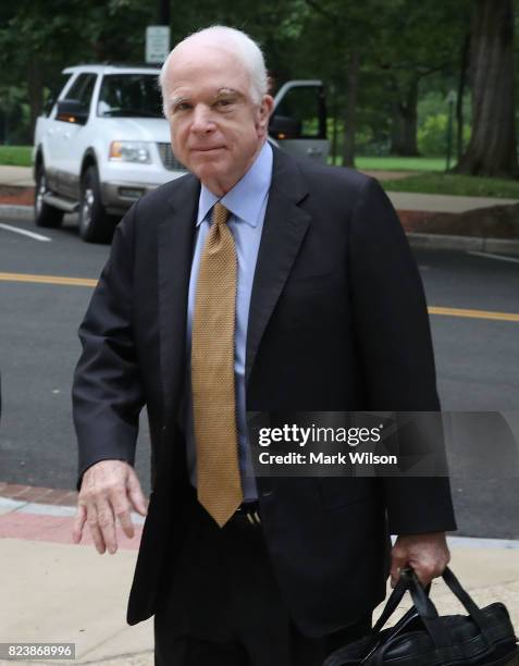Sen. John McCain arrives for work on Capitol Hill hours after voting NO on the GOP 'Skinny Repeal' health care bill, on July 28, 2017 in Washington,...