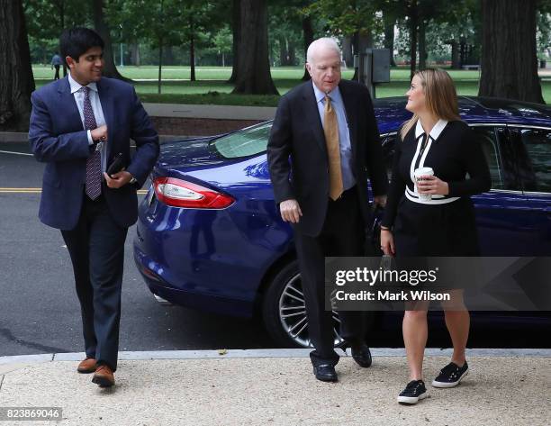 Sen. John McCain arrives for work on Capitol Hill hours after voting NO on the GOP 'Skinny Repeal' health care bill, on July 28, 2017 in Washington,...