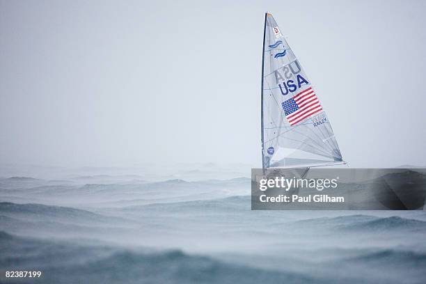 Zach Railey of the United States of America prepares to compete in the Finn class medal race held at the Qingdao Olympic Sailing Center during day 9...