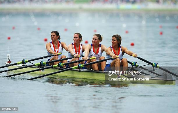 Annie Vernon, Debbie Flood, Frances Houghton and Katherine Grainger of Great Britain begin the Women's Quadruple Sculls at the Shunyi Olympic...