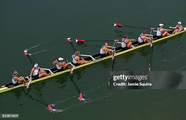 The United States team celebrates a gold medal in the Women's Eight at the Shunyi Olympic Rowing-Canoeing Park during Day 9 of the Beijing 2008...
