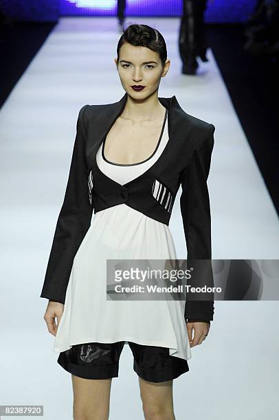 Model showcases designs by Daniel Avakian on the catwalk during the New Guarde show at the Rosemount Sydney Fashion Festival Marquee, Martin Place on...