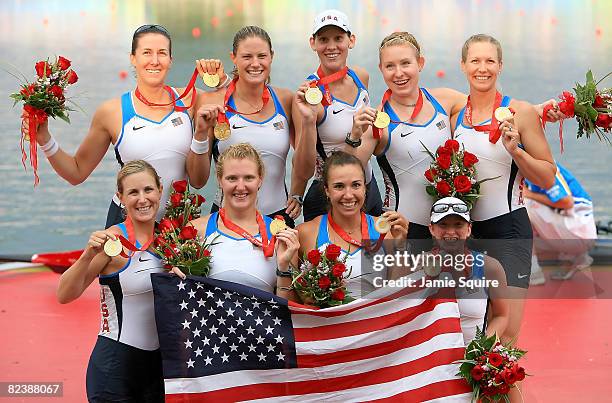 The United States team celebrates their gold medal in the Women's Eight at the Shunyi Olympic Rowing-Canoeing Park during Day 9 of the Beijing 2008...