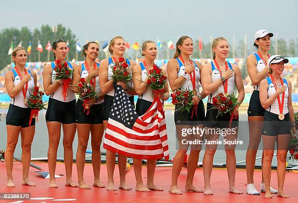 The United States team celebrates their gold medal in the Women's Eight at the Shunyi Olympic Rowing-Canoeing Park during Day 9 of the Beijing 2008...