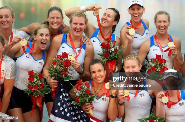 The United States team celebrates their gold medal in the Women's Eight at the Shunyi Olympic Rowing-Canoeing Park during Day 9 of the Beijing 2008...