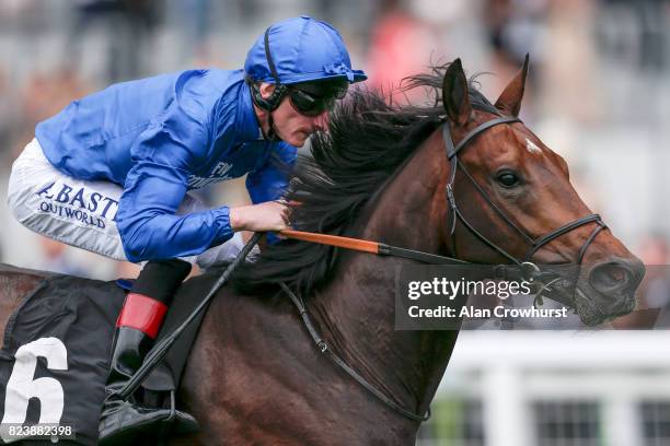 Adam Kirby riding Mythical Magic win The Anders Foundation British EBF Crocker Bulteel Maiden Stakes at Ascot racecourse on July 28, 2017 in Ascot,...