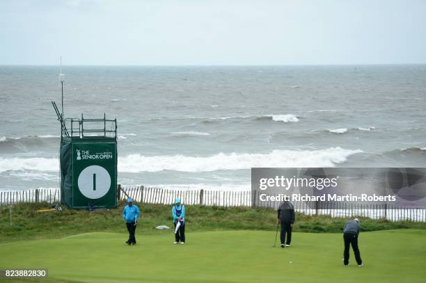 General View of the 1st green during the second round of the Senior Open Championship presented by Rolex at Royal Porthcawl Golf Club on July 28,...