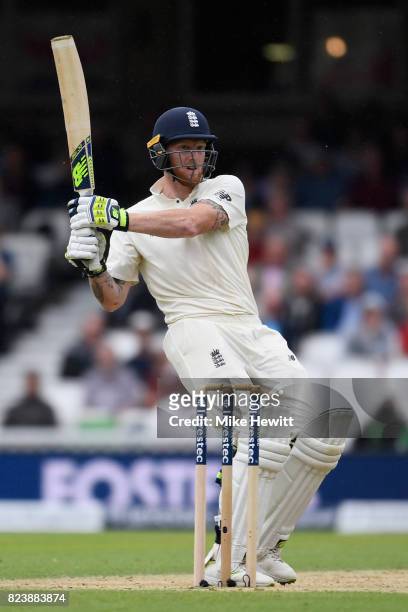 Ben Stokes of England hooks for four during Day Two of the 3rd Investec Test match between England and South Africa at The Kia Oval on July 28, 2017...