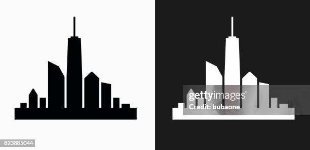 city skyline icon on black and white vector backgrounds - white office rendering stock illustrations