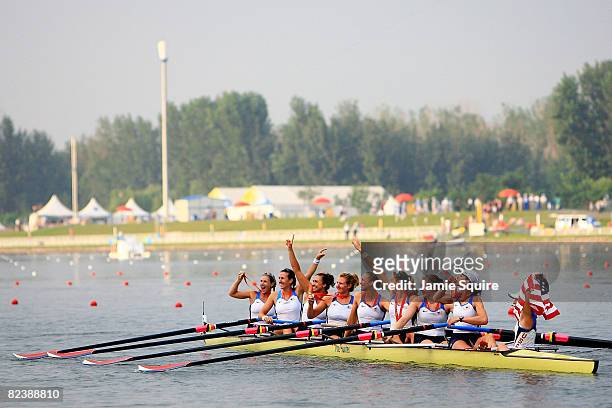 The United States team celebrate the gold medal in the Women's Eight Final at the Shunyi Olympic Rowing-Canoeing Park during Day 9 of the Beijing...