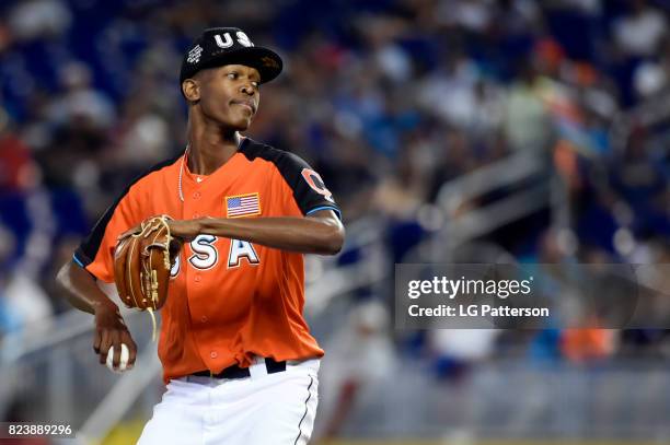 Triston McKenzie of Team USA pitches during the SirusXM All-Star Futures Game at Marlins Park on Sunday, July 9, 2017 in Miami, Florida.