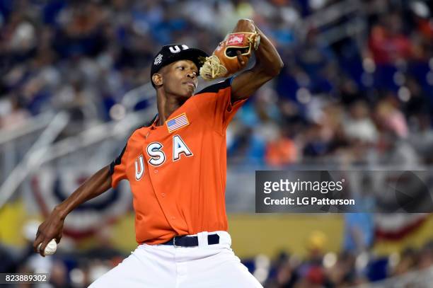 Triston McKenzie of Team USA pitches during the SirusXM All-Star Futures Game at Marlins Park on Sunday, July 9, 2017 in Miami, Florida.