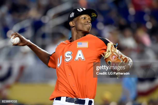 Triston McKenzie of Team USA pitches during the SirusXM All-Star Futures Game at Marlins Park on Sunday, July 9, 2017 in Miami, Florida.