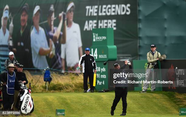 Costantino Rocca of Italy tees off on the 14th hole during the second round of the Senior Open Championship presented by Rolex at Royal Porthcawl...