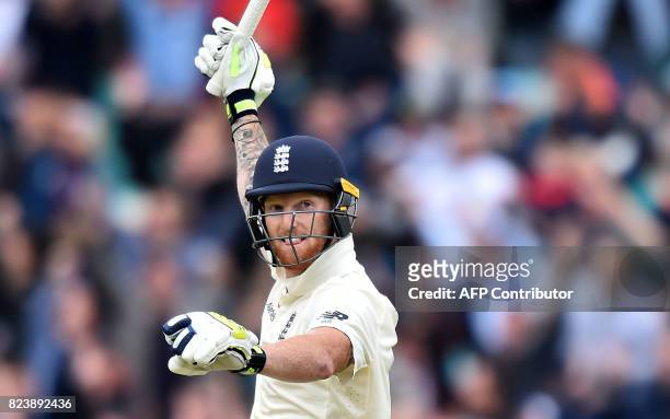 England's Ben Stokes celebrates his century on the second day of the third Test match between England and South Africa at The Oval cricket ground in...