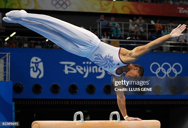 Great Britain's Louis Smith competes in the men's pommel horse final of the artistic gymnastics event of the Beijing 2008 Olympic Games in Beijing on...