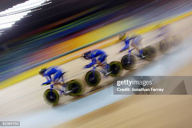 Ukraine competes during the track cycling event held at the Laoshan Velodrome during Day 9 of the 2008 Beijing Summer Olympic Games on August 17,...