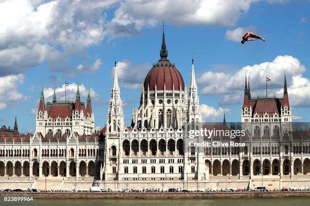 Blake Aldridge of Great Britain competes during the Men's High Dive, preliminary round on day fifteen of the Budapest 2017 FINA World Championships...