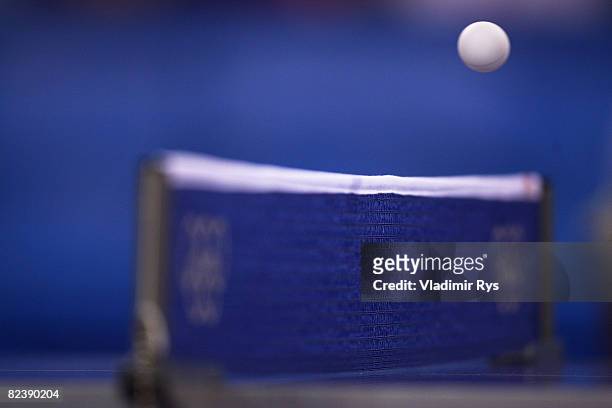 Ball goes over the net during the table tennis Women's Team Finals at the Peking University Gymnasium during Day 9 of the 2008 Beijing Summer Olympic...