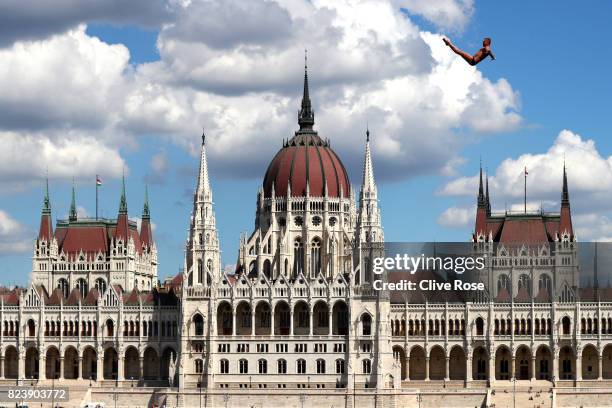 Artem Silchenko of Russia competes during the Men's High Dive, preliminary round on day fifteen of the Budapest 2017 FINA World Championships on July...