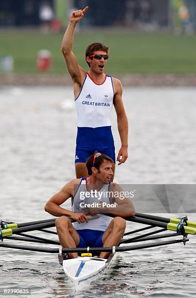 Zac Purchase and Mark Hunter of Great Britain celebrate their gold medal in Lightweight Men's Double Sculls Final at the Shunyi Olympic...