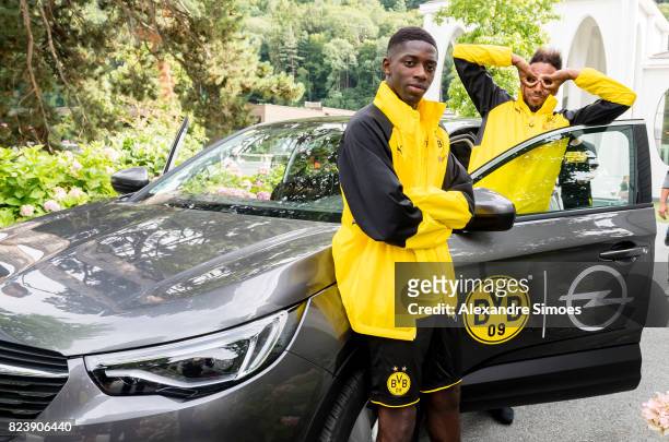Ousmane Dembele and Pierre-Emerick Aubameyang of Borussia Dortmund during a game called 'Quiz Taxi' for the sponsor Opel as part of the training camp...