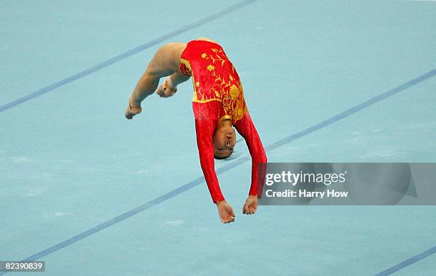 Cheng Fei of China competes in the women's individual floor final in the artistic gymnastics event held in National Indoor Stadium on Day 9 of the...