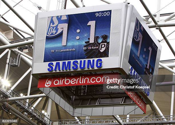 The video screen displays the 1-1 draw of the Regionalliga match between Schalke 04 II and Preussen Muenster at the Veltins Arena on August 17, 2008...