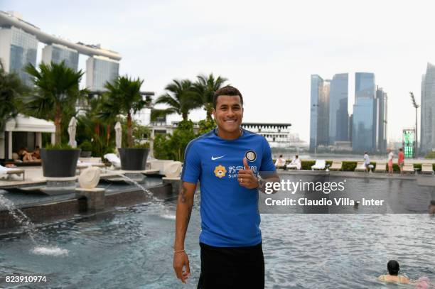 Jeison Murillo of FC Internazionale in swimming pool after a training session at Mandarin Oriental Hotel on July 28, 2017 in Singapore.