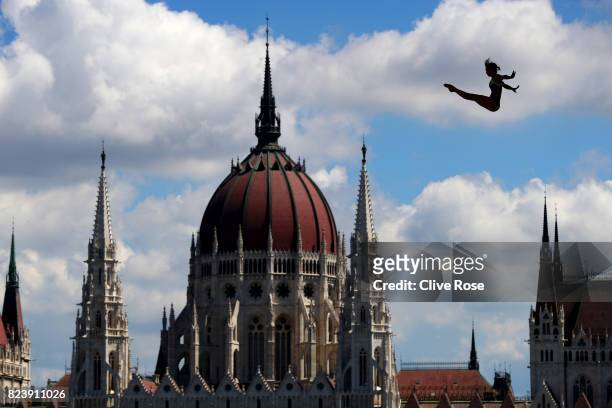 Anna Bader of Germany competes during the Women's High Dive, preliminary round on day fifteen of the Budapest 2017 FINA World Championships on July...