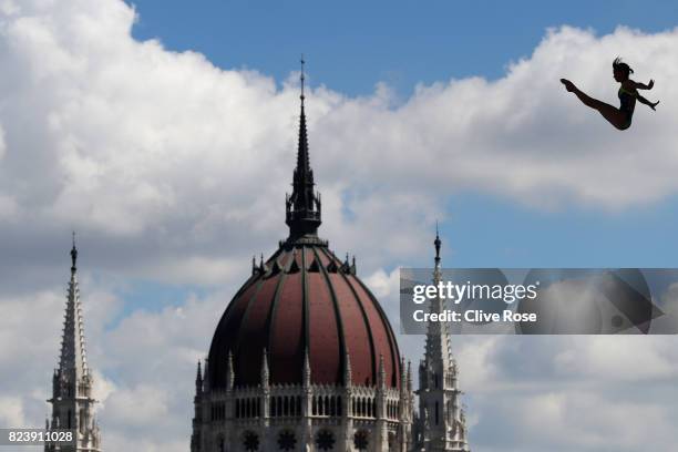 Anna Bader of Germany competes during the Women's High Dive, preliminary round on day fifteen of the Budapest 2017 FINA World Championships on July...