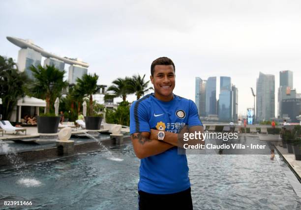 Jeison Murillo of FC Internazionale in swimming pool after a training session at Mandarin Oriental Hotel on July 28, 2017 in Singapore.