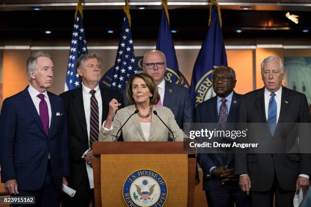 Surrounded by members of the House Democratic leadership, House Minority Leader Nancy Pelosi speaks during a press conference regarding the Senate's...