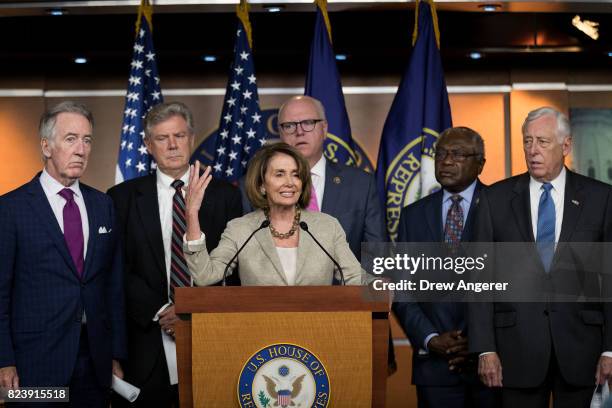 Surrounded by members of the House Democratic leadership, House Minority Leader Nancy Pelosi speaks during a press conference regarding the Senate's...