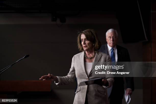 House Minority Leader Nancy Pelosi and Rep. Steny Hoyer arrive for a press conference regarding the Senate's defeat of the GOP health care plan, on...