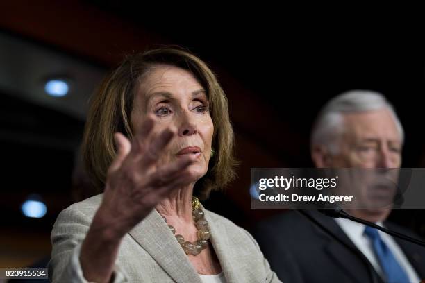 House Minority Leader Nancy Pelosi speaks during a press conference regarding the Senate's defeat of the GOP health care plan, on Capitol Hill, July...