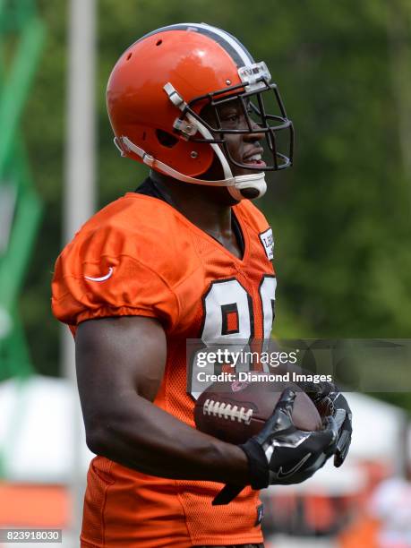 Tight end Randall Telfer of the Cleveland Browns carries the ball during a training camp practice on July 27, 2017 at the Cleveland Browns training...