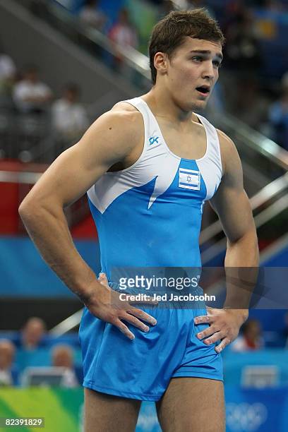 Alexandr Shatilov of Israel looks on after he competed in the men's floor exercise final during the artistic gymnastics event held in National Indoor...