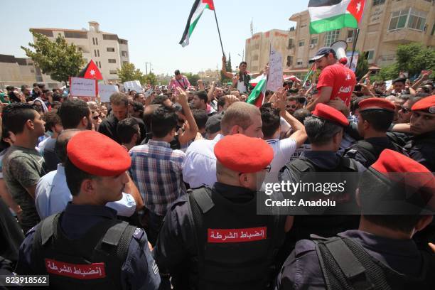 People stage a demonstration against Israel's restrictions on Al Aqsa Mosque Compound and demanding closure of Israel's Embassy after performing...