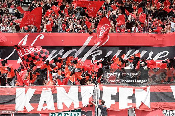 Fans of the 1. FC Nuernberg are seen with banners that reads "northern curve" and "fight" prior to the 2nd Bundesliga match between 1. FC Nuernberg...