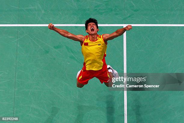 Lin Dan of China celebrates winning the gold medal in the Men's Singles Gold Medal Match against Lee Chong Wei of Malaysia held at the Beijing...