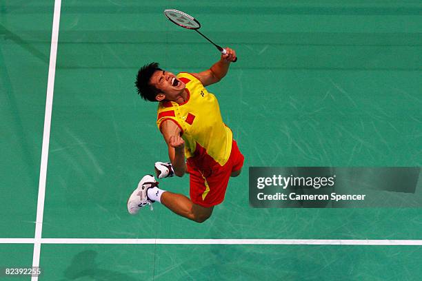 Lin Dan of China celebrates winning the gold medal in the Men's Singles Gold Medal Match against Lee Chong Wei of Malaysia held at the Beijing...