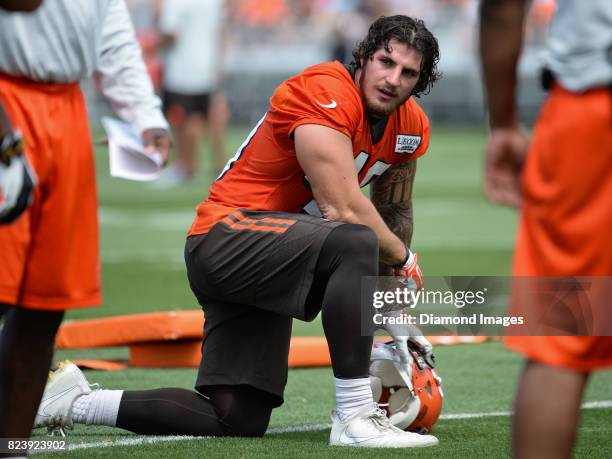 Fullback Danny Vitale of the Cleveland Browns kneels on the field during a training camp practice on July 27, 2017 at the Cleveland Browns training...