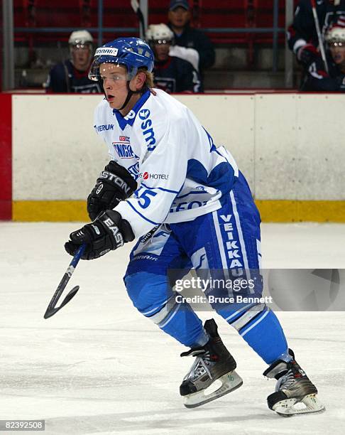 Janne Tavi of Team Finland skates against Team USA at the USA Hockey National Junior Evaluation Camp on August 8, 2008 at the Olympic Center in Lake...