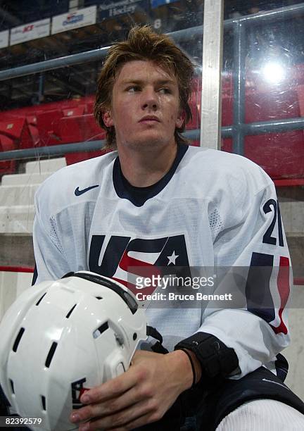 James vanRiemsdyk of Team USA sits out a penalty against Team Finland at the USA Hockey National Junior Evaluation Camp on August 8, 2008 at the...
