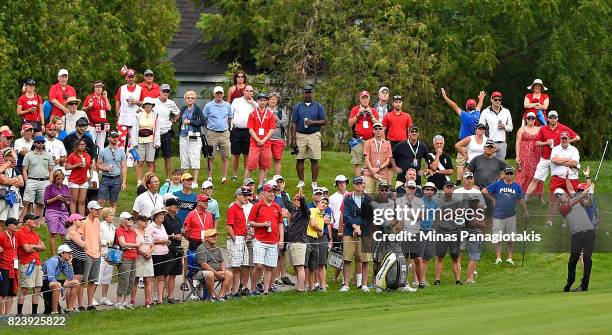 David Hearn of Canada plays his shot on the 16th hole during the second round of the RBC Canadian Open at Glen Abbey Golf Club on July 28, 2017 in...