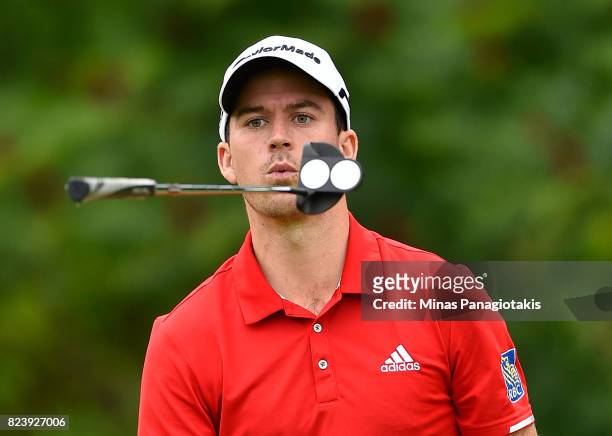 Nick Taylor of Canada reacts to his putt on the 14th hole during the second round of the RBC Canadian Open at Glen Abbey Golf Club on July 28, 2017...
